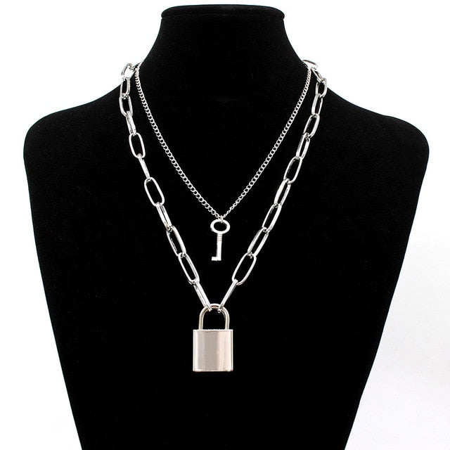 Stainless steel Double layer key Lock necklace