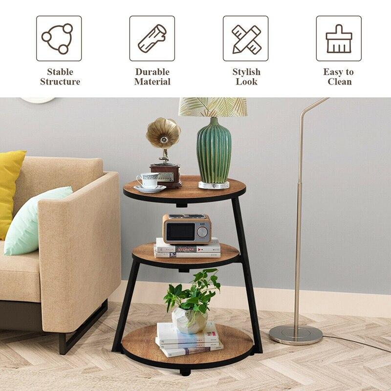 Round 3-Tier Sofa Side Table Sturdy Iron Pipes and MDF Living Room
